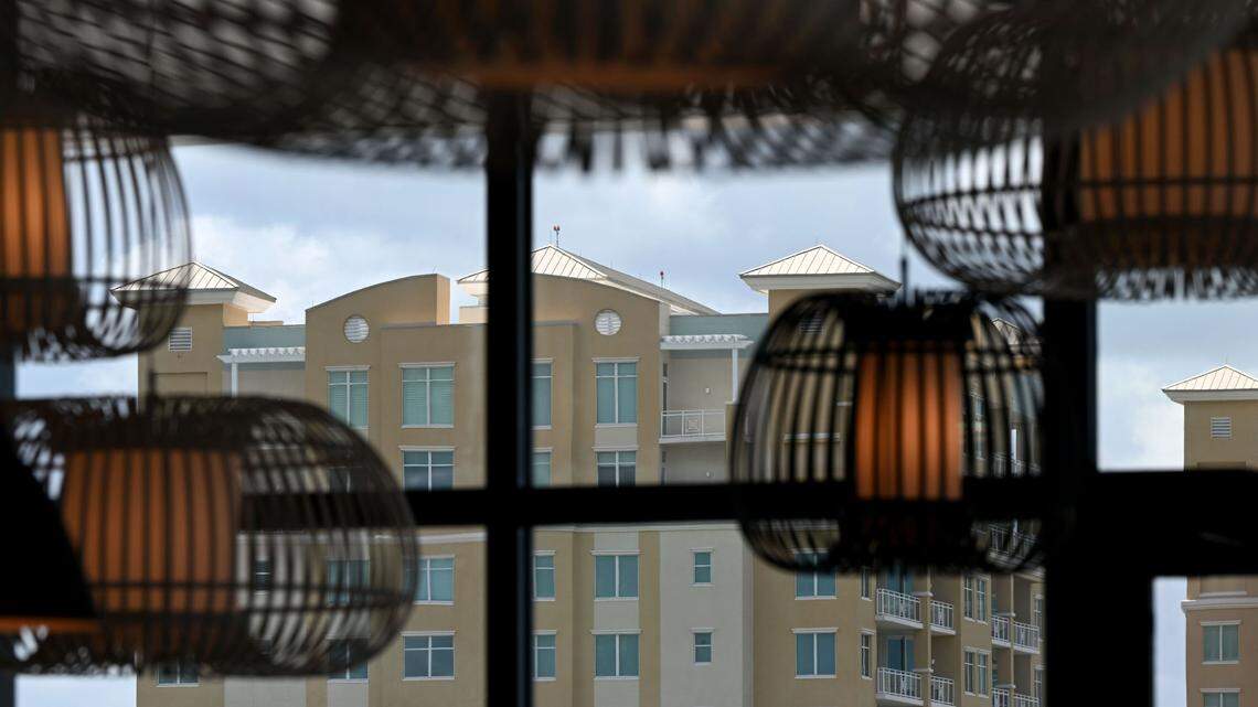 Hanging lights decorate the ceiling at the Oyster River Rooftop Restaurant at the Palmetto Marriott Resort & Spa on July 3, 2023.