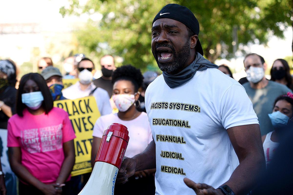 Terrill Salem, a Sarasota County firefighter, speaks passionately at a Black Lives Matter protest in Sarasota to highlight case of Ronald Davenport, who was charged with resisting without violence during a traffic stop on May 12, 2020.