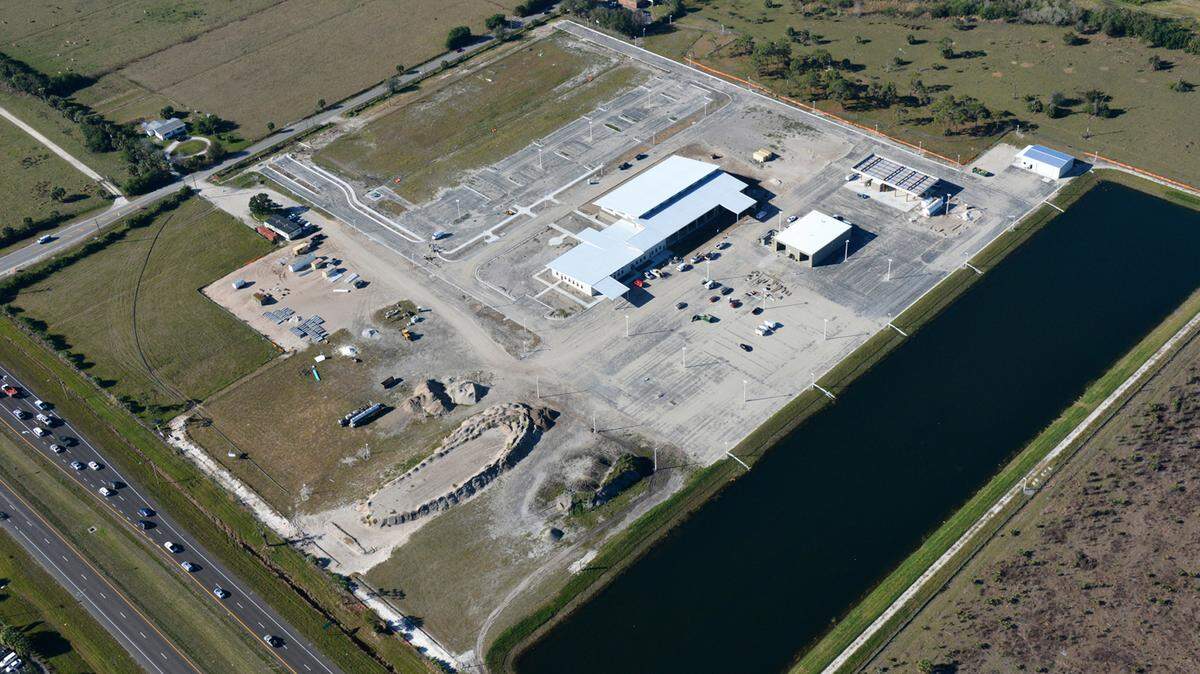 Seen from the air at the intersection of U.S. Highway 301 and Tallevast Road, the new Manatee County fleet transit facility is nearing an August completion date. PHOTO PROVIDED