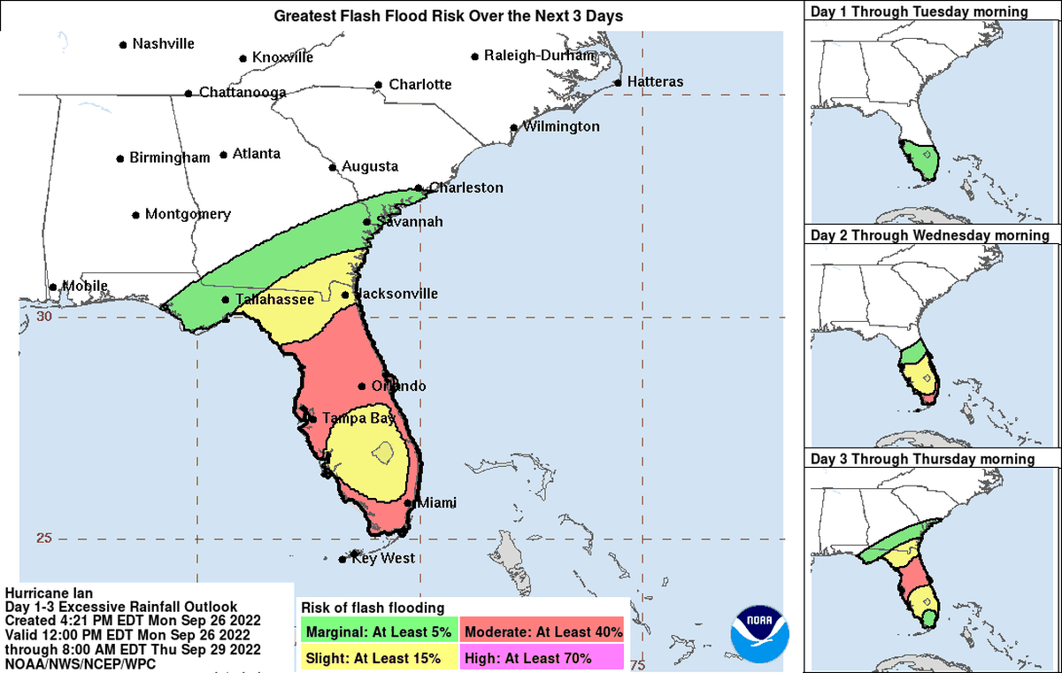 Flash flooding potential for Southwest Florida is moderate over the coming days as Hurricane Ian churns up the coast, forecasters predict.