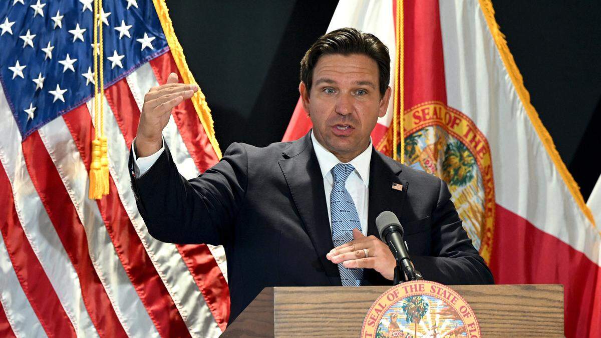 Florida Governor Ron DeSantis discusses plans to bring DOGE to Manatee County during a press conference held at the Manatee Performing Arts Center in Bradenton on July 24, 2025.