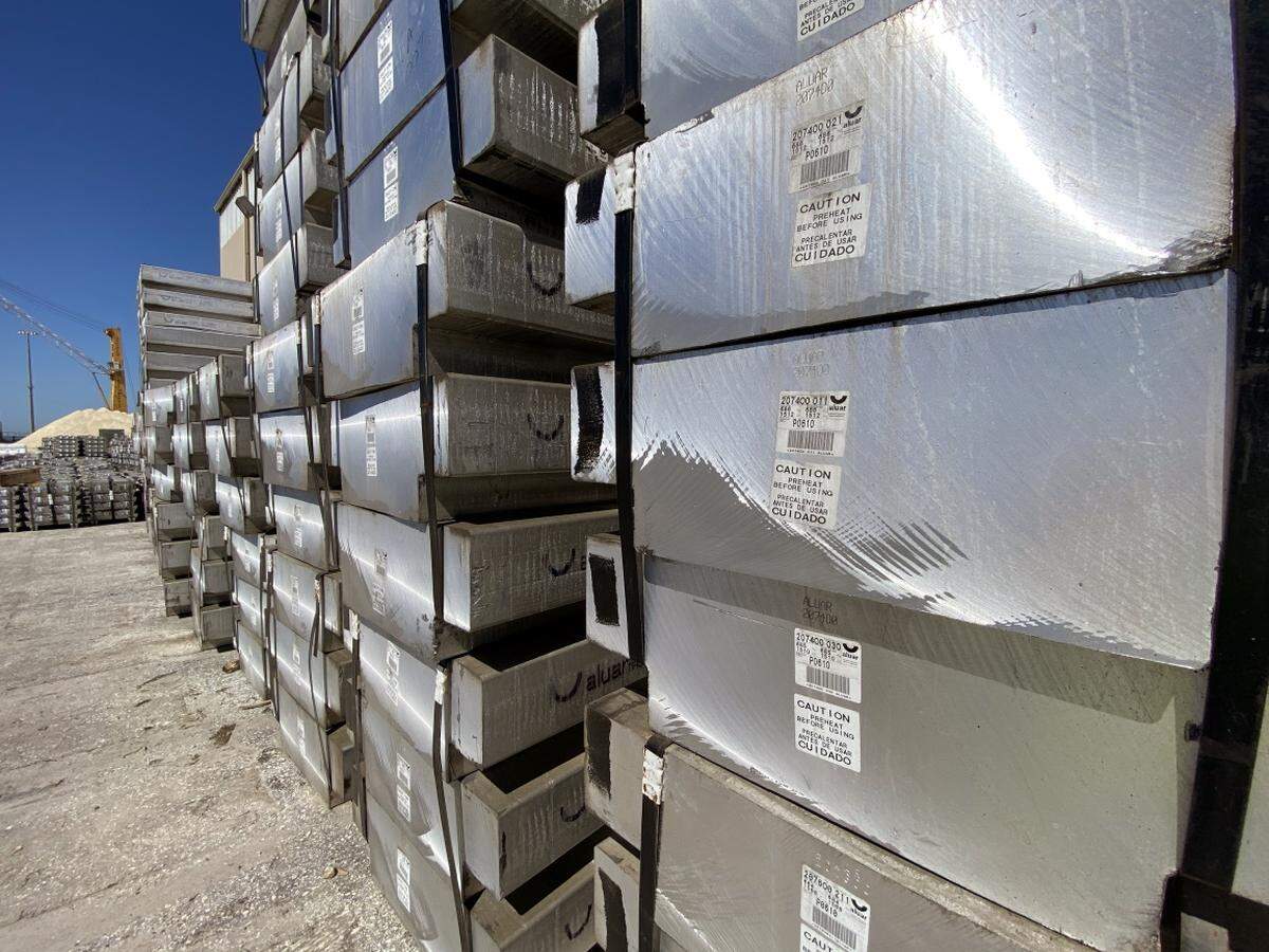 Aluminum brought to Port Manatee from Argentina by Aluar awaits shipment to U.S. manufacturing facilities, where it is used to make numerous products.