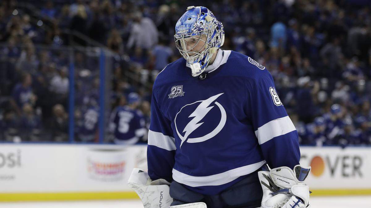 Tampa Bay Lightning goaltender Andrei Vasilevskiy (88) during the third period of Game 2 of the NHL Eastern Conference finals hockey playoff series against the Washington Capitals Sunday, May 13, 2018, in Tampa, Fla. The Capitals won the game 6-2.