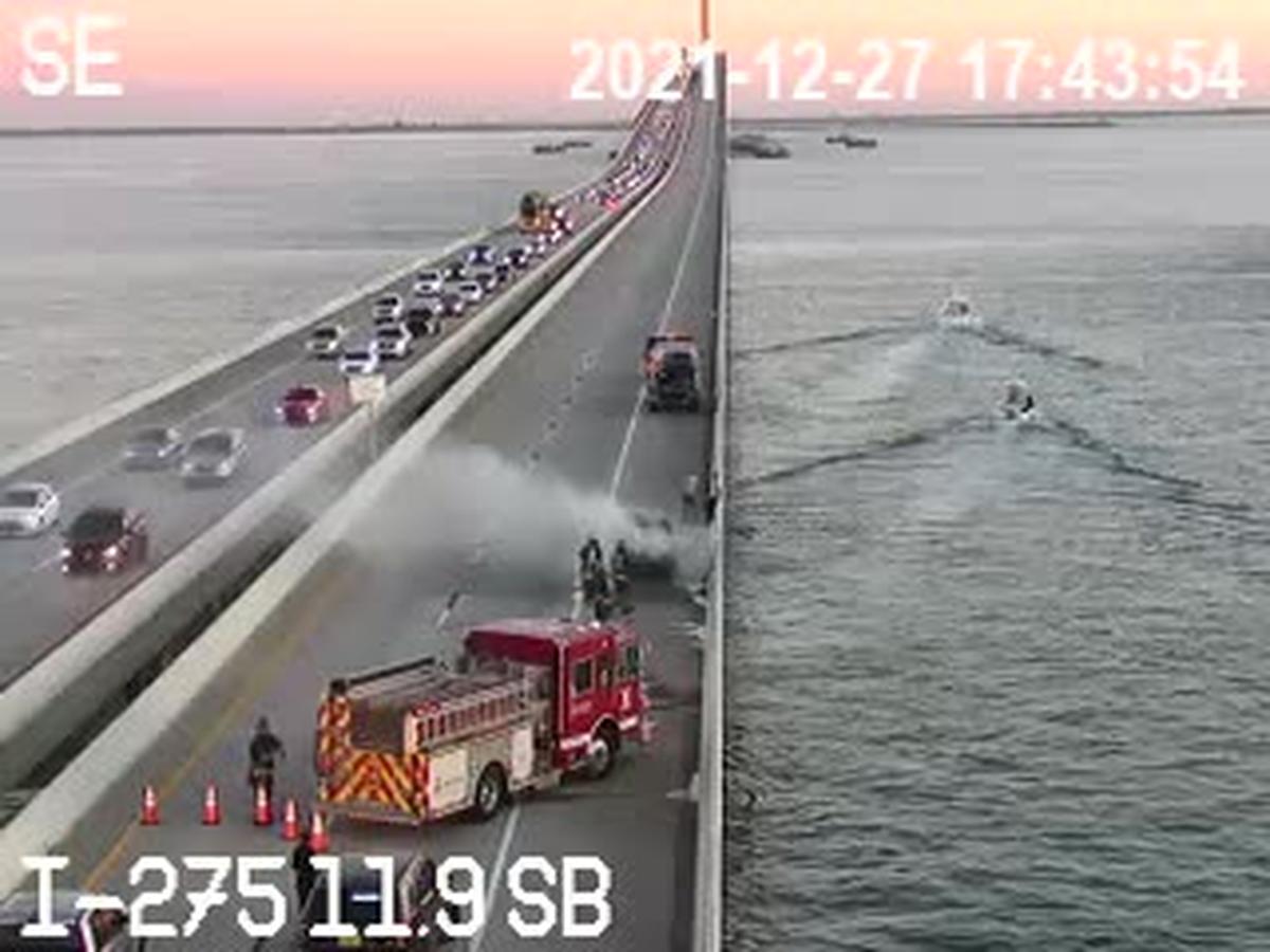 12/27/21--A vehicle fire caused lane closures on the Sunshine Skyway Bridge.