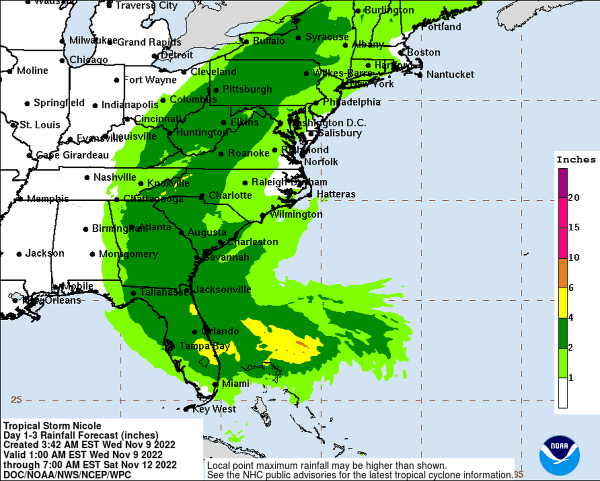 Rainfall forecast for Tropical Storm Nicole as of 7 a.m. Tuesday