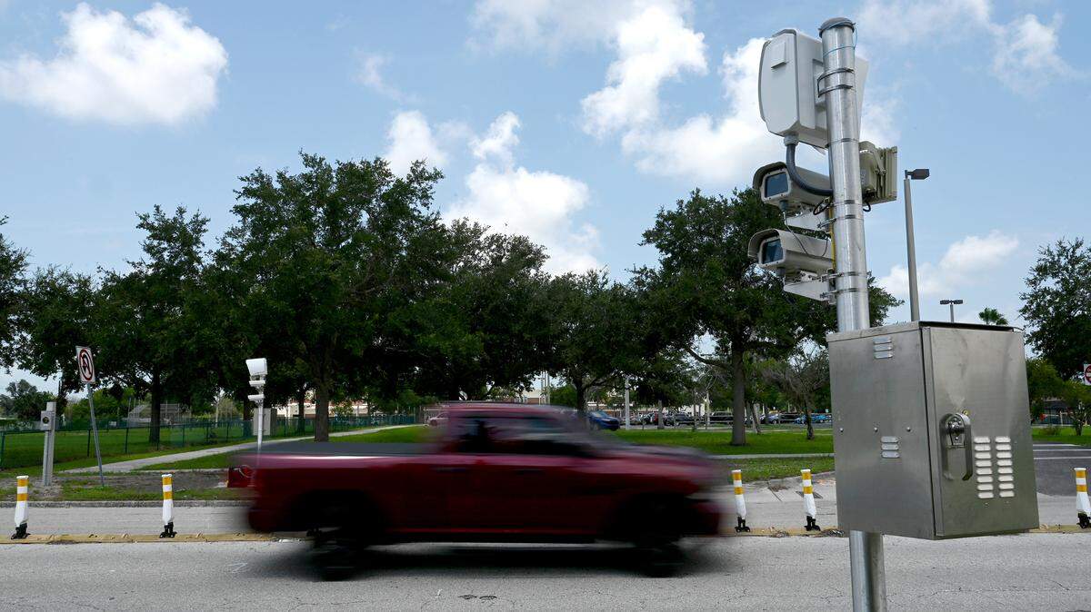 Manatee County officials voted to cut the hours that school speed cameras, like these in front of Bayshore Elementary School, are active after drivers complained about tickets. 