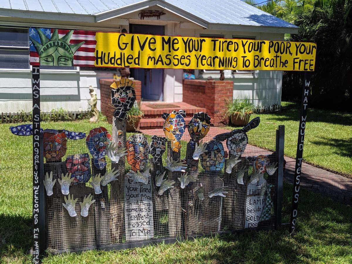 Susan Curry translates her political frustrations into works of protest art. The art gallery: the front yard of her Cortez home.