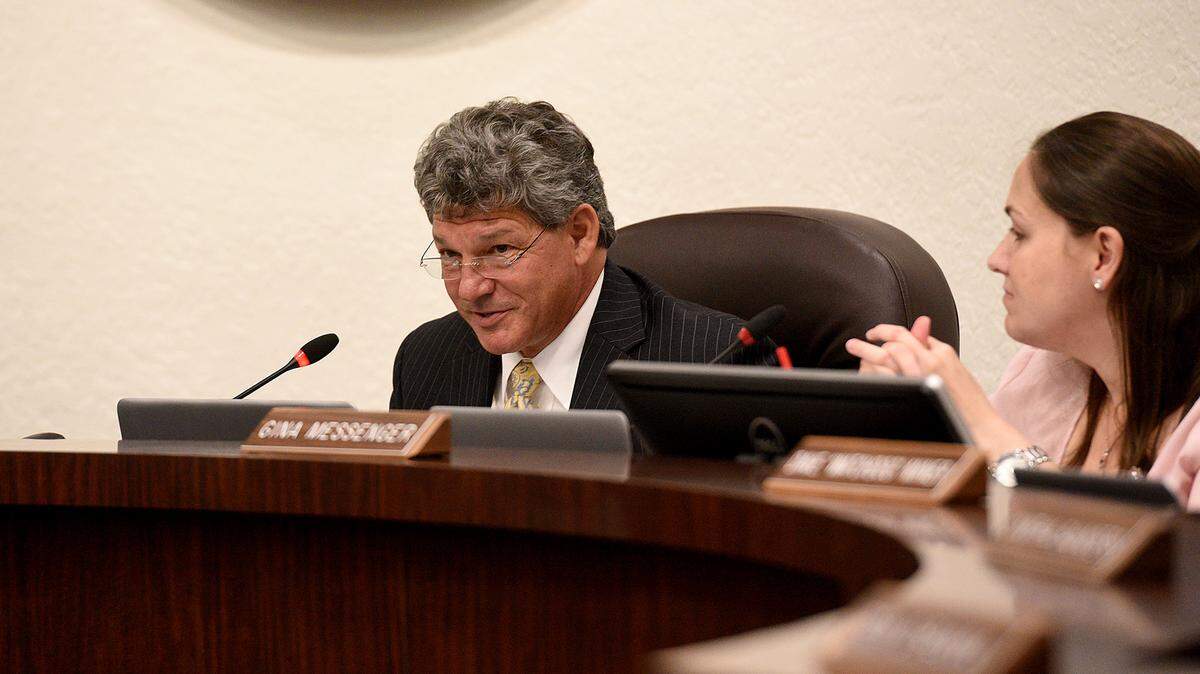School Board of Manatee County Chairman Scott Hopes, left, and Vice Chair Gina Messenger at a May 22 meeting.