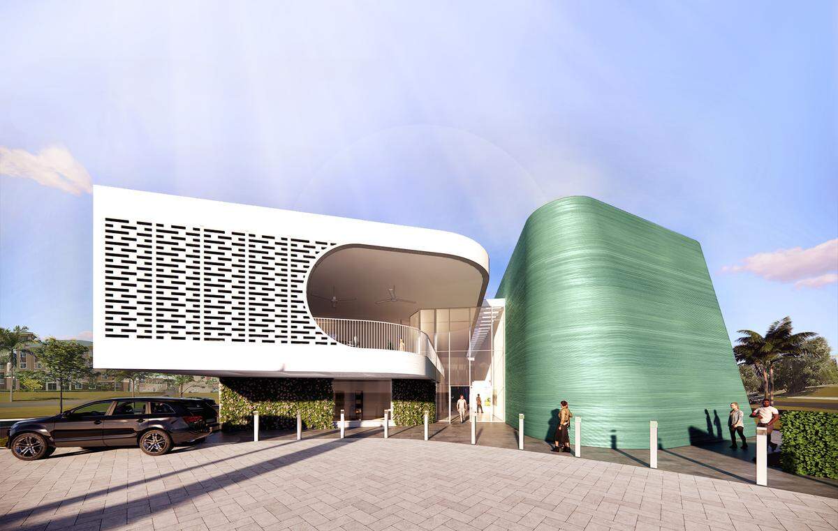 Architect’s rendering of the view of the proposed Herrig Center for the Arts from Ninth Street West. Groundbreaking may be late in 2022.
