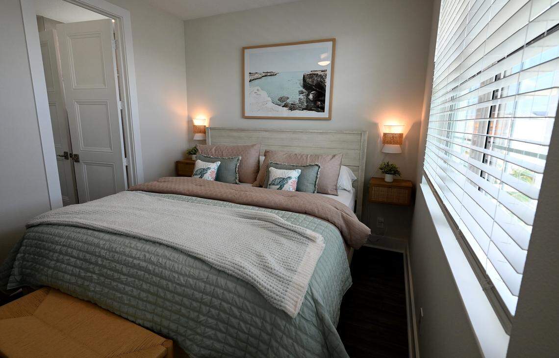 A secondary bedroom in a home at Hunters Point, a first-of-its-kind development in Manatee County that combines net-zero energy use with resiliency to hurricanes, flooding and harsh weather. Photo taken on Oct. 8, 2025.