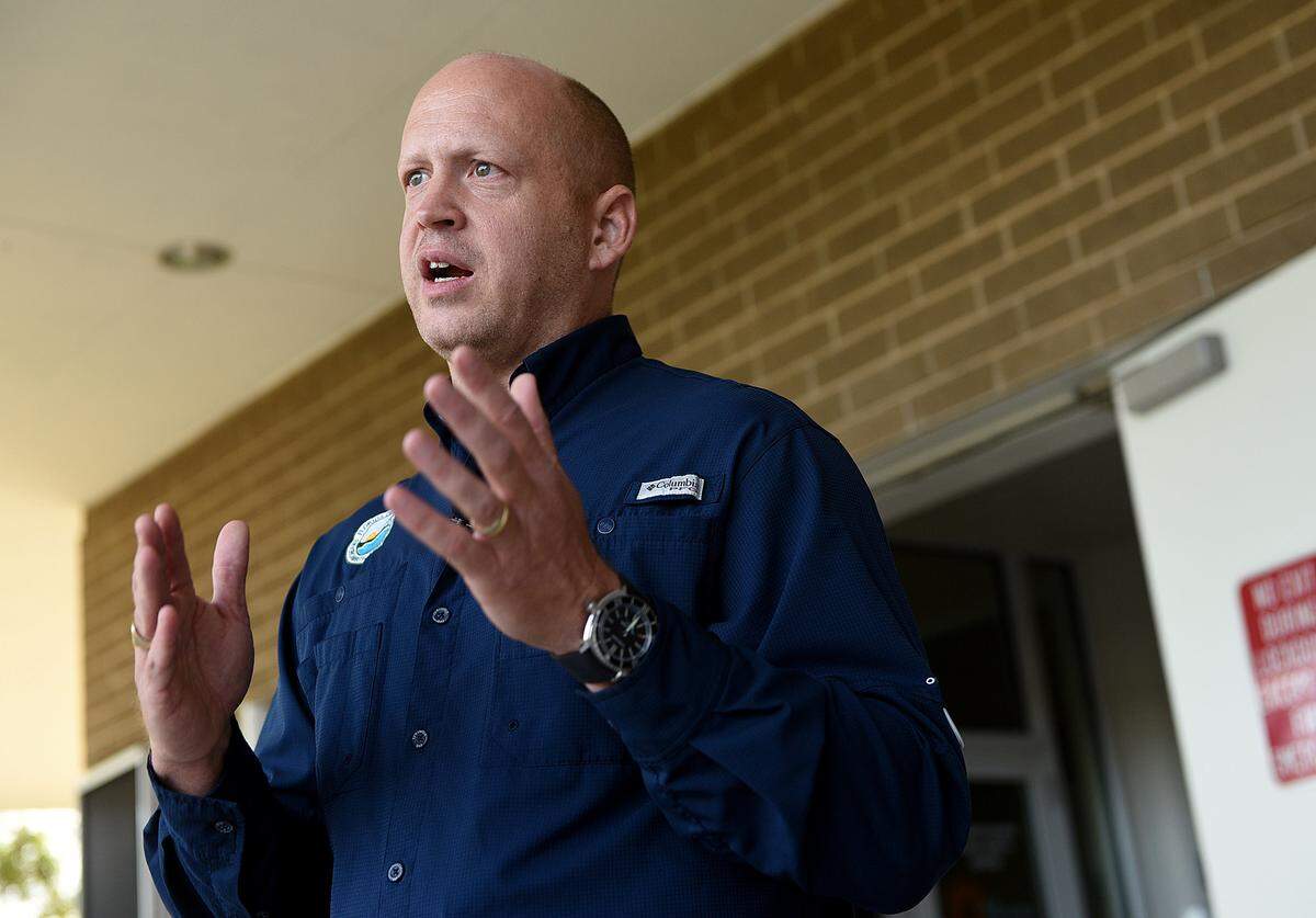 04/03/21--Florida Secretary of Environmental Protection, Noah Valenstein, gives an update from the Manatee County Public Safety Complex on the status of the dangers at Piney Point.
