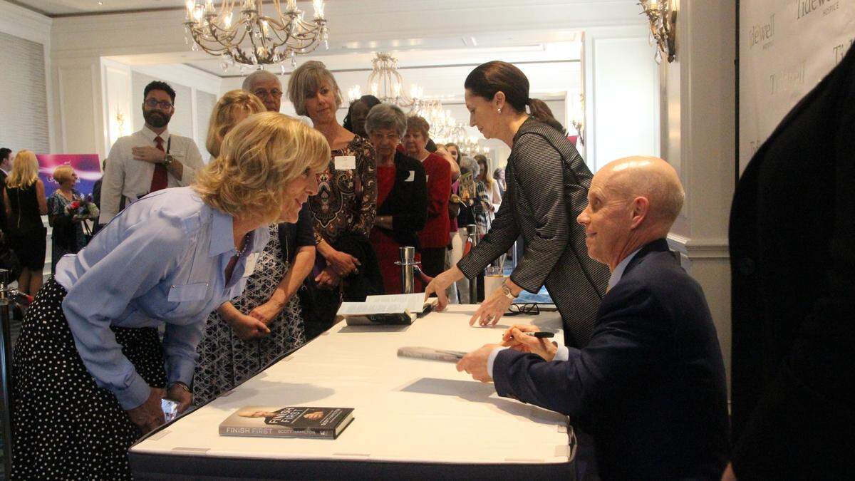 Barb Fitzpatrick was one of those who lined up to buy an autographed copy of Scott Hamilton’s book “Finish First” Friday at The Ritz-Carlton Sarasota. Hamilton was in town to address the 10th Annual Tidewell Hospice Signature Luncheon.