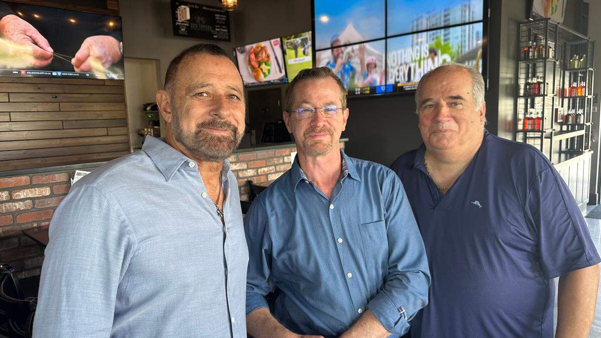 Ed’s Tavern partners Albert Myara (left) and Bob Bender (right) are shown 4/1/2024 with operations director Bruce Mahnke.