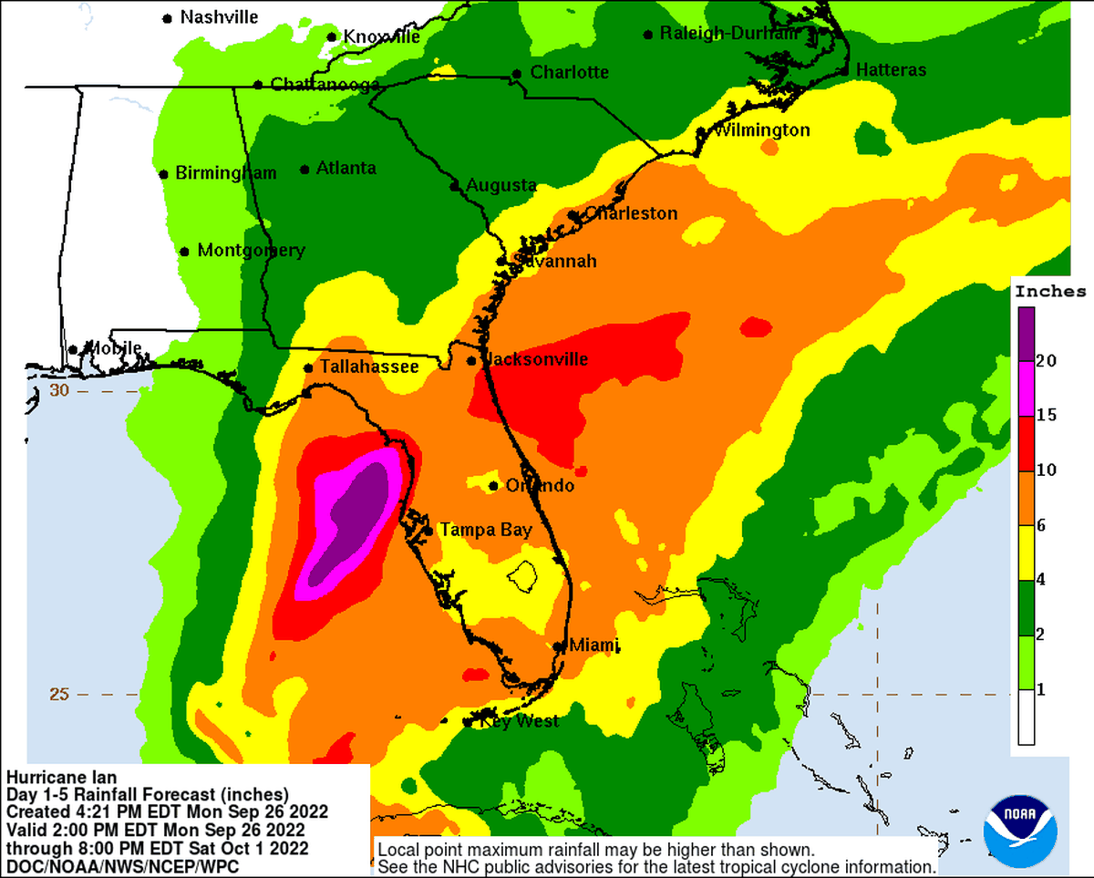 Rainfall forecast for Hurricane Ian as of 5 p.m. Monday