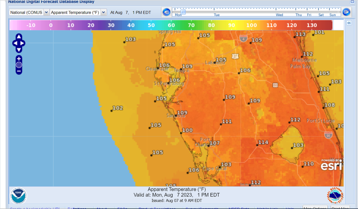 The National Weather Service issued a heat advisory for Manatee County on Monday, Aug. 7, 2023. It is from 11 a.m. until 7 p.m. This map shows the heat levels reaching near 110 degrees during the day.