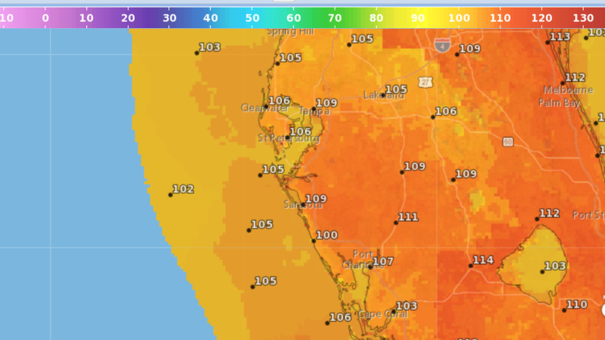 The National Weather Service issued a heat advisory for Manatee County on Monday, Aug. 7, 2023. It is from 11 a.m. until 7 p.m. This map shows the heat levels reaching near 110 degrees during the day.