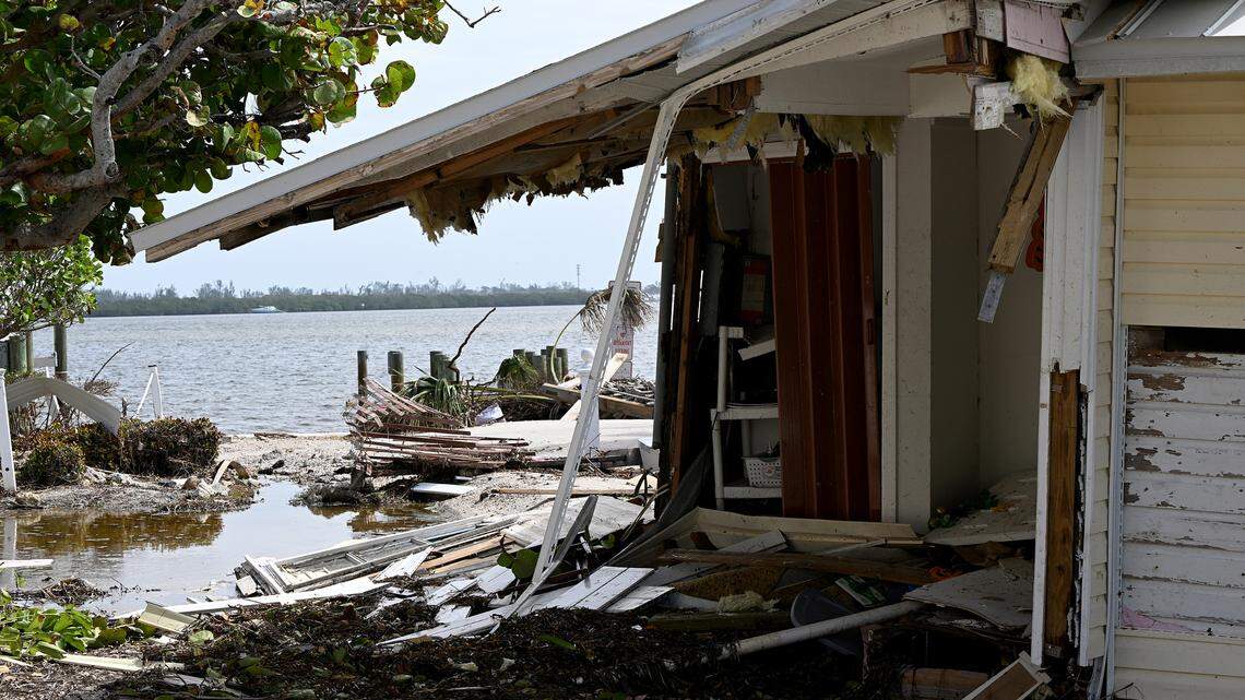 A home on the Intracoastal Waterway sits open to the elements in Bradenton Beach after Hurricane Milton on Anna Maria Island on Oct. 11, 2024.