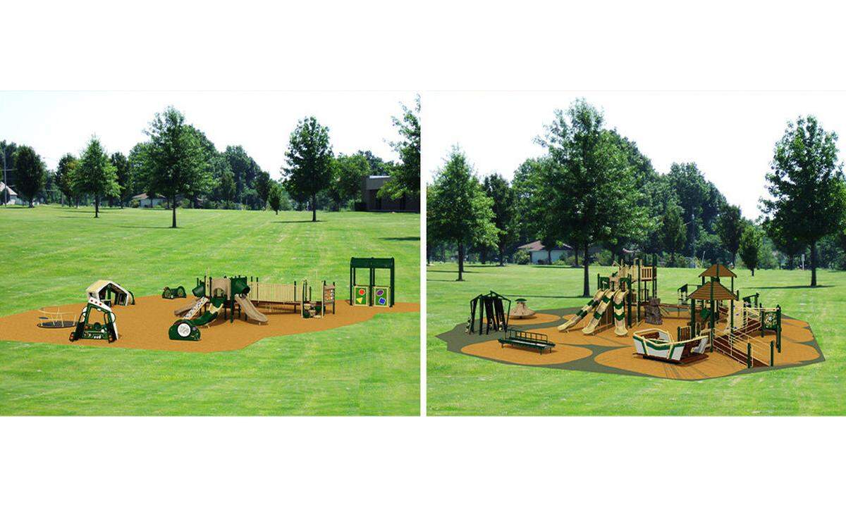 The Rotary Clubs of Manatee County are working with the city of Bradenton to raise money for new equipment at Lewis Park, 3120 First Ave. W. About $60,000 in donations are still required to buy and install three new all-inclusive play areas, including a swing that is safe for wheelchair users. Two of the playgrounds are shown in this provided rendering.