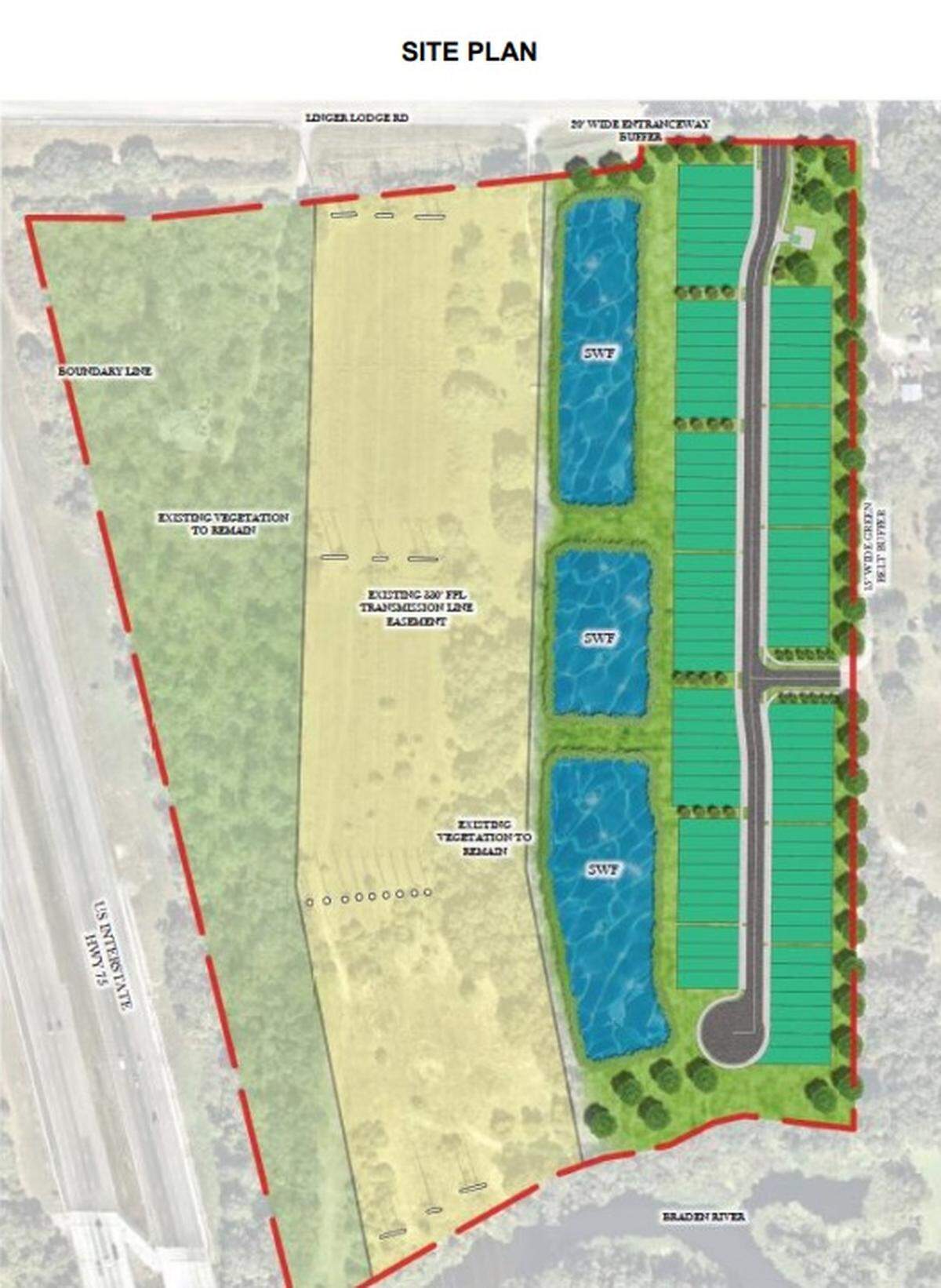 A graphic shows a proposed townhome development on what is currently a wooded area on Linger Lodge Road near the Braden River and Interstate 75.