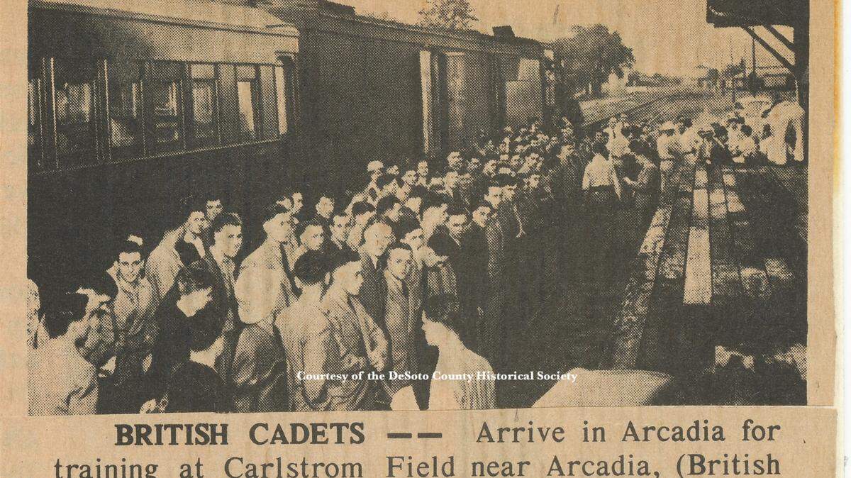 This newspaper clipping shows the day British cadets arrived in Arcadia for training.