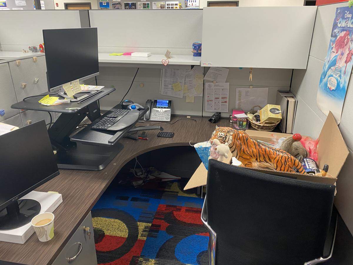 Feld Entertainment resumes Monster Energy Supercross racing May 31 in Salt Lake City. It’s the first announced show since March when the company laid off 1,464. Shown above is one of the cubicle areas at Feld headquarters in Palmetto the way the worker left it when she got her notice.