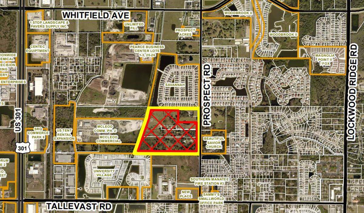 An aerial view depicts the proposed location for the Prospect Road Subdivision just north of Tallevast Road in Manatee County. Commissioners voted unanimously to approve the development, which would be required to decrease stormwater runoff by 50 percent.