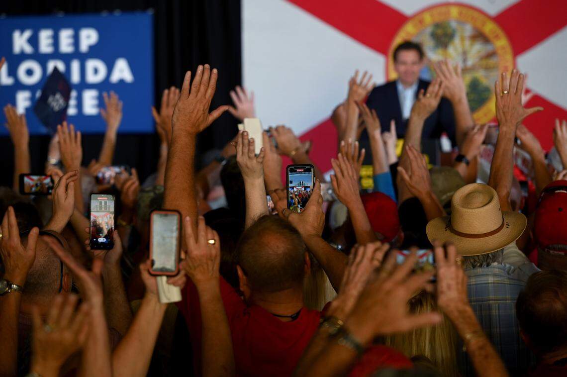 A sea of hands are raised as Governor Ron DeSantis takes to the stage during his Don’t Tread on Florida Tour in Sarasota on Sunday, Nov. 6.