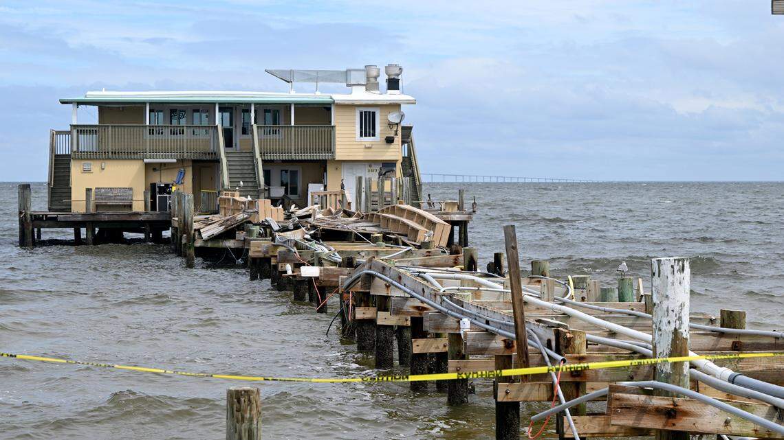 Rod and Reel Pier, damaged by Hurricane Helene, is roped off as Hurricane Milton approaches Manatee County on Oct. 8, 2024. The landmark restaurant didn’t survive after Milton.