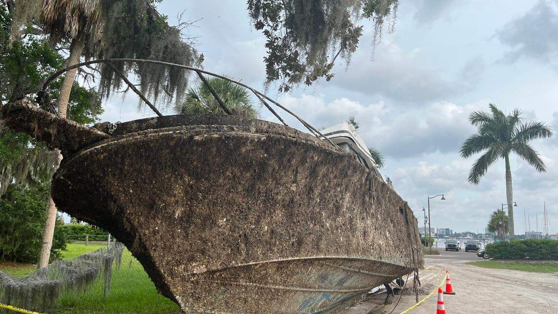 Florida Fish and Wildlife Conservation Commission removed a derelict boat from the Manatee River, before being transported away the boat was parked in a lot across from the Green Bridge fishing pier.