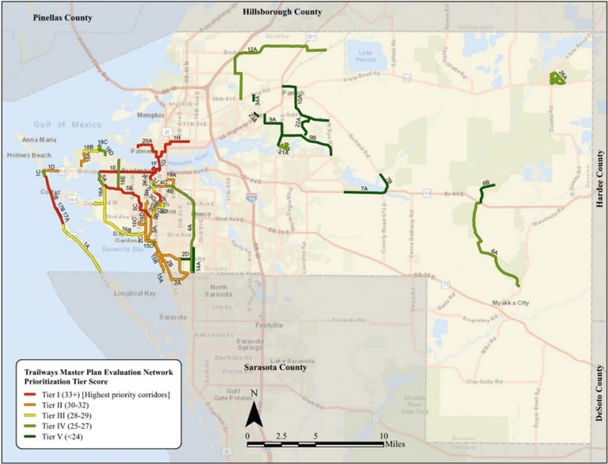 A map from Manatee County’s new Trailways Master Plan shows proposed recreation trail segments, prioritized based on connectivity and other factors.