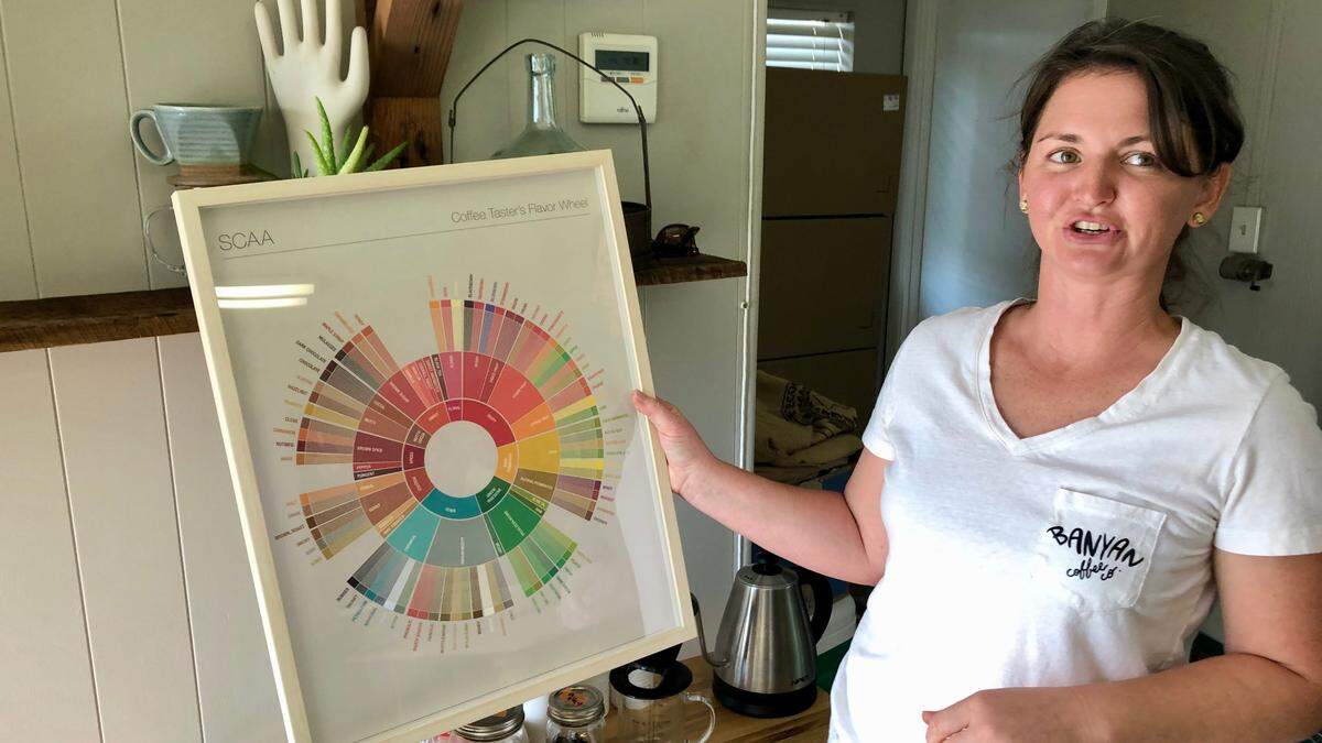Abbey Schmitt holds a coffee flavor wheel that shows the kind of notes that coffee lovers may enjoy in their cup of joe.