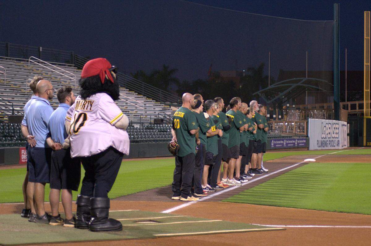 The Bradenton Police Department faced off against the Manatee County Sheriff’s Office in “Battle of the Badges,” a baseball match for charity at LECOM Park on Tuesday.