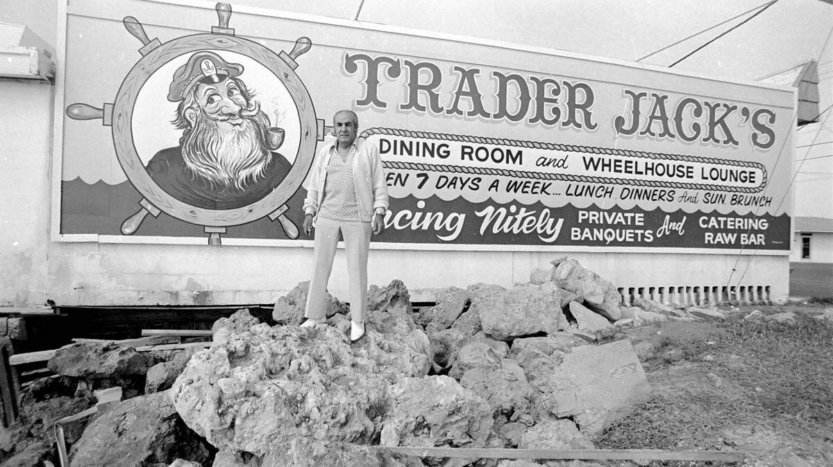 An archive photo from 1977 shows the large sign at Trader Jack’s Dining Room and Wheelhouse Lounge on Anna Maria Island. The restaurant closed in 1987 after a fire, according to records.