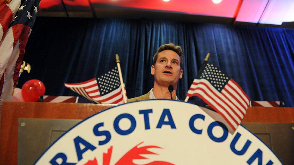 Greg Steube, re-elected for his second term in district 73 for the State House of Representatives addresses the crowd at the Republican celebration at the Sarasota Hyatt.
TIFFANY TOMPKINS-CONDIE/Bradenton Herald