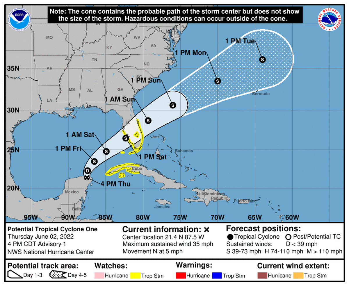 Forecast cone for Potential Tropical Cyclone One as of Thursday afternoon, June 2, 2022.