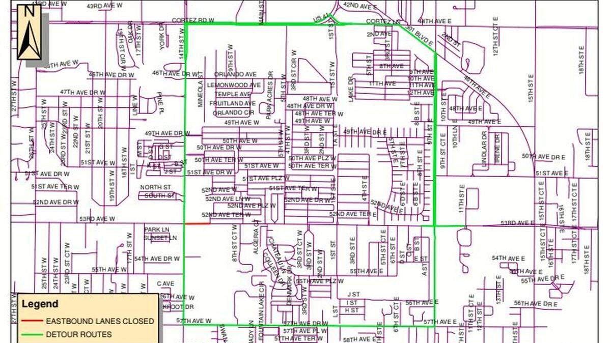 An emergency manhole repair is shutting down eastbound 53rd Avenue West a the U.S. 41 intersection for the next two weeks. To get around the closure, motorists can take Cortez Road West or 57th Avenue West.