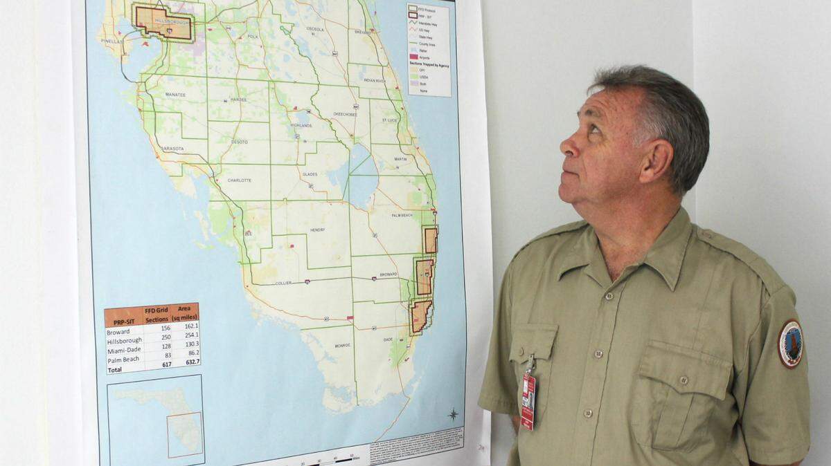 John Renshaw looks at a map showing areas of Florida where sterile male medflies are air dropped to prevent the devastation of crops. 
 JAMES A. JONES JR./Bradenton Herald