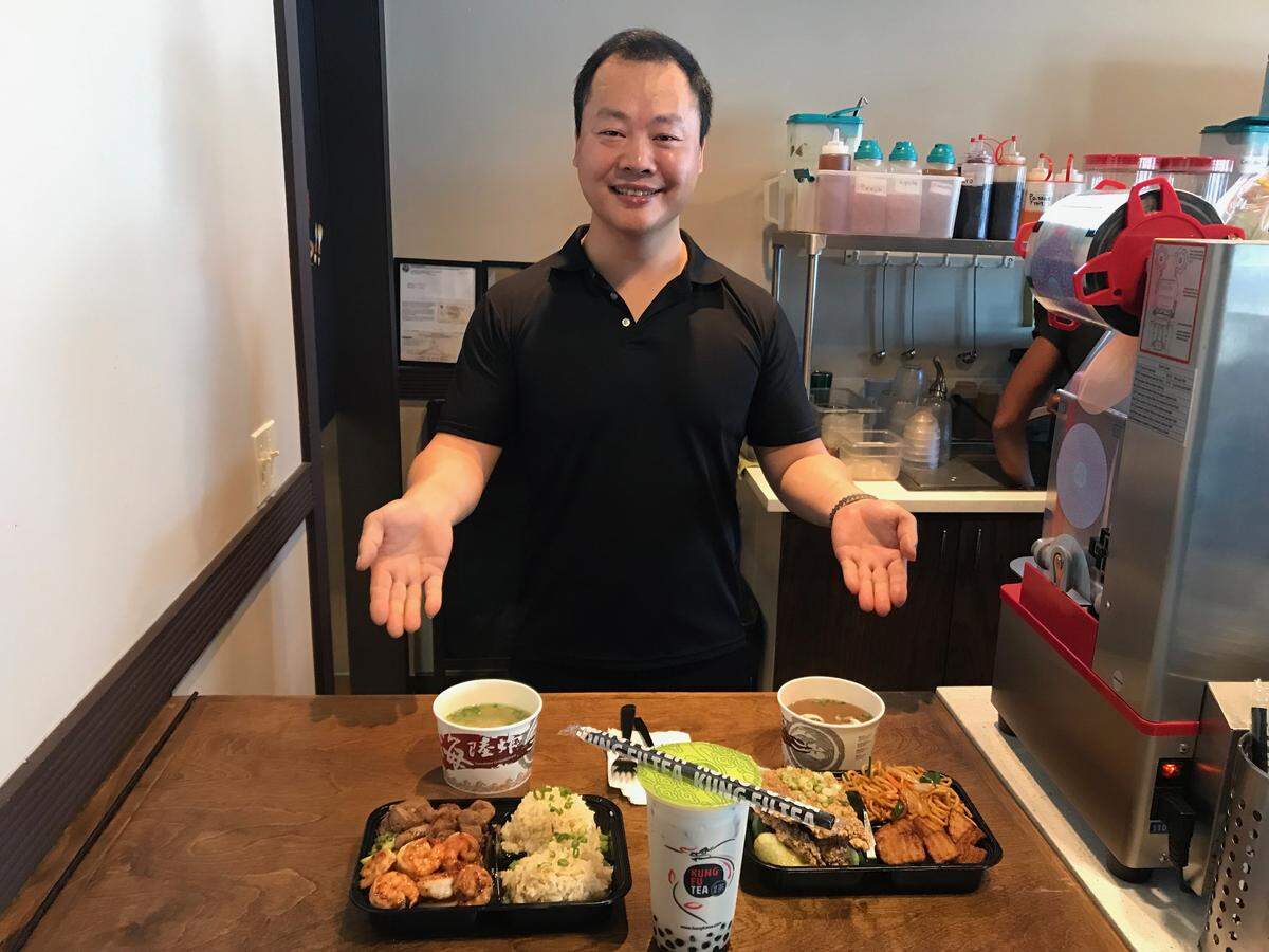 Restaurant ower Michael Dong serves up hibachi steak and shrimp, left, and Samurai Crispy Chicken with hibachi noodles and potatoes, and bubble tea.
