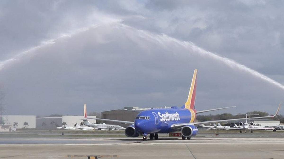 2/14/2021--Southwest Airlines’ first flight to Sarasota Bradenton International Airport in February was greeted by spray from water cannons. The low-cost fare carrier has helped push passenger traffic at the airport to record levels.