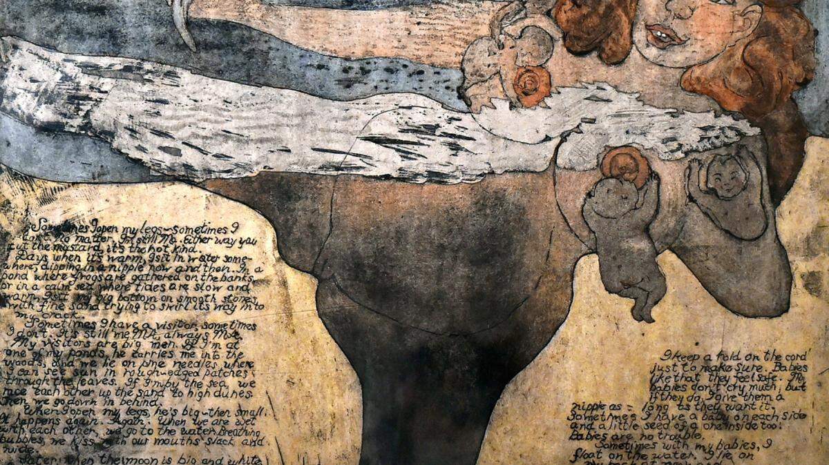 "MA" is a hand-colored etching in which a sensuous seaside beauty nurses 
 four tiny infants while lounging in a wave. It is part of the exhibit: "Phantasmagorical: The World of Elisabeth Stevens and Selections from the Collections of the State College of Florida." PROVIDED PHOTO
