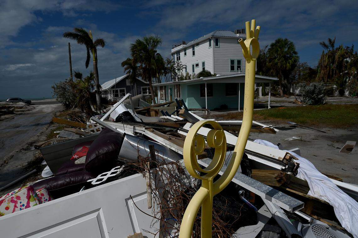 A smiley statue on 13th Street South on Bradenton Beach on Anna Maria Island, Florida, after Hurricane Milton on Oct. 11, 2024.