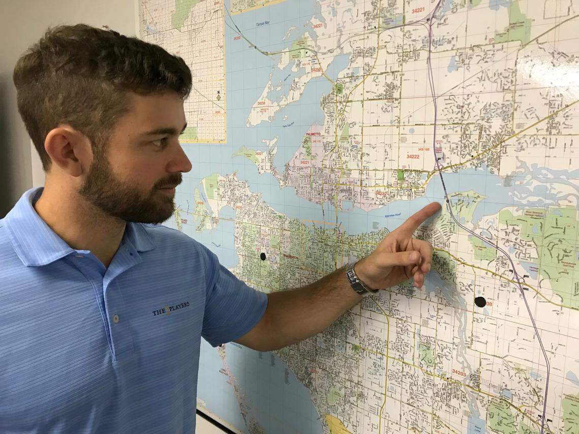 Ryan Brown, a transportation planner for the Sarasota/Manatee Metropolitan Planning Organization, points to the Interstate 75-U.S. 301 interchange and Trooper J.D. Young Memorial Bridge which will be replaced at a cost of $190 million.