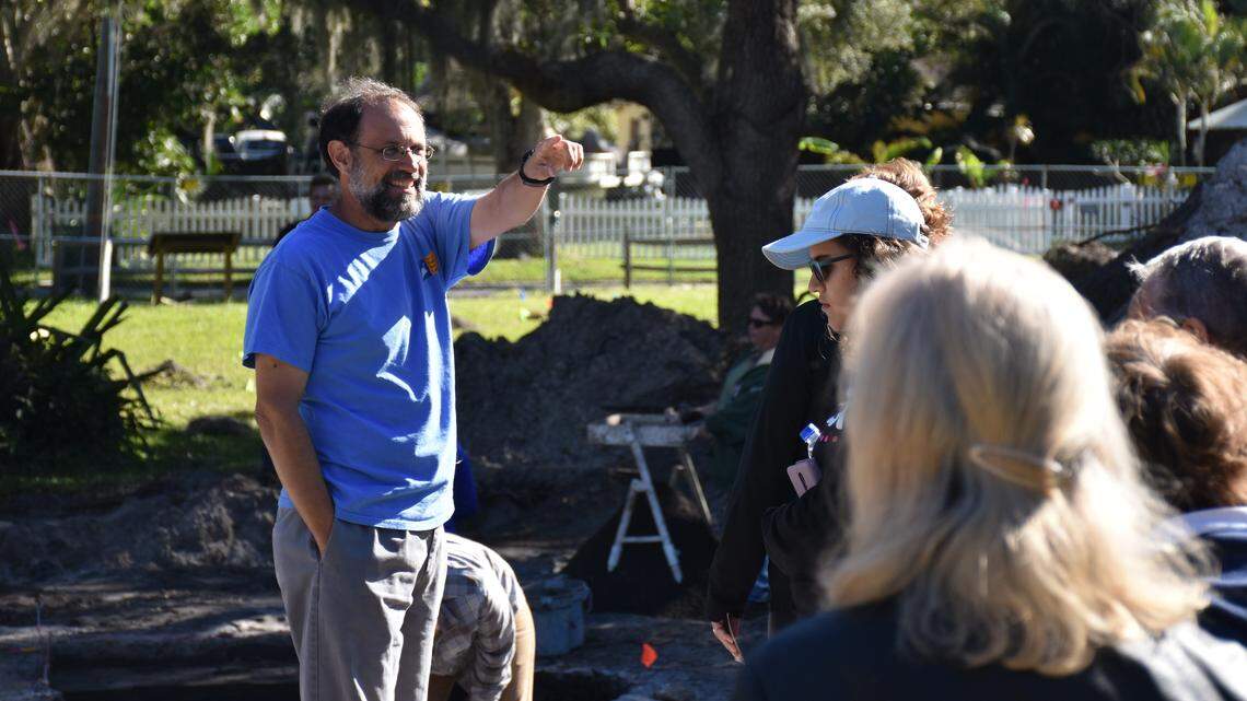 Dr. Uzi Baram, director of the New College of Florida Archaeology Lab and the lead archaeologist on the site, hosts a tour of the Manatee Mineral Springs Park excavation site on Monday morning.