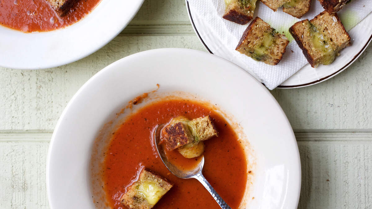 Tomato Soup With Grilled Havarti Cheese Croutons. Photo by Deb Lindsey for The Washington Post