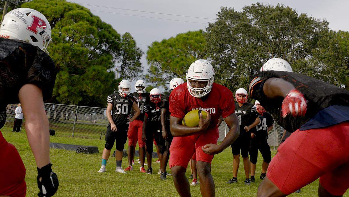 Kevion Williams, senior defensive end for Palmetto football, in practice Tuesday.