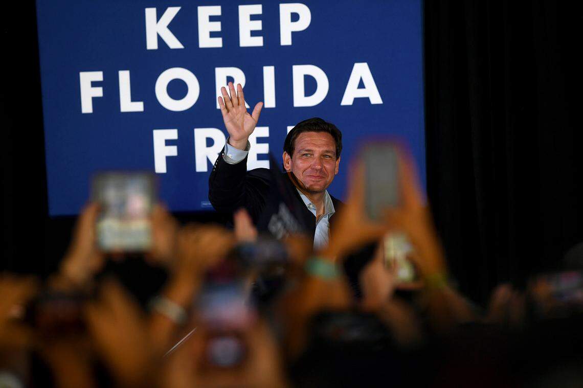 Governor Ron DeSantis takes to the stage during his Don’t Tread on Florida Tour in Sarasota on November 6, one of several rallies he held around the state leading up to Tuesday’s midterm election in which he is running against former Gov. Charlie Crist.