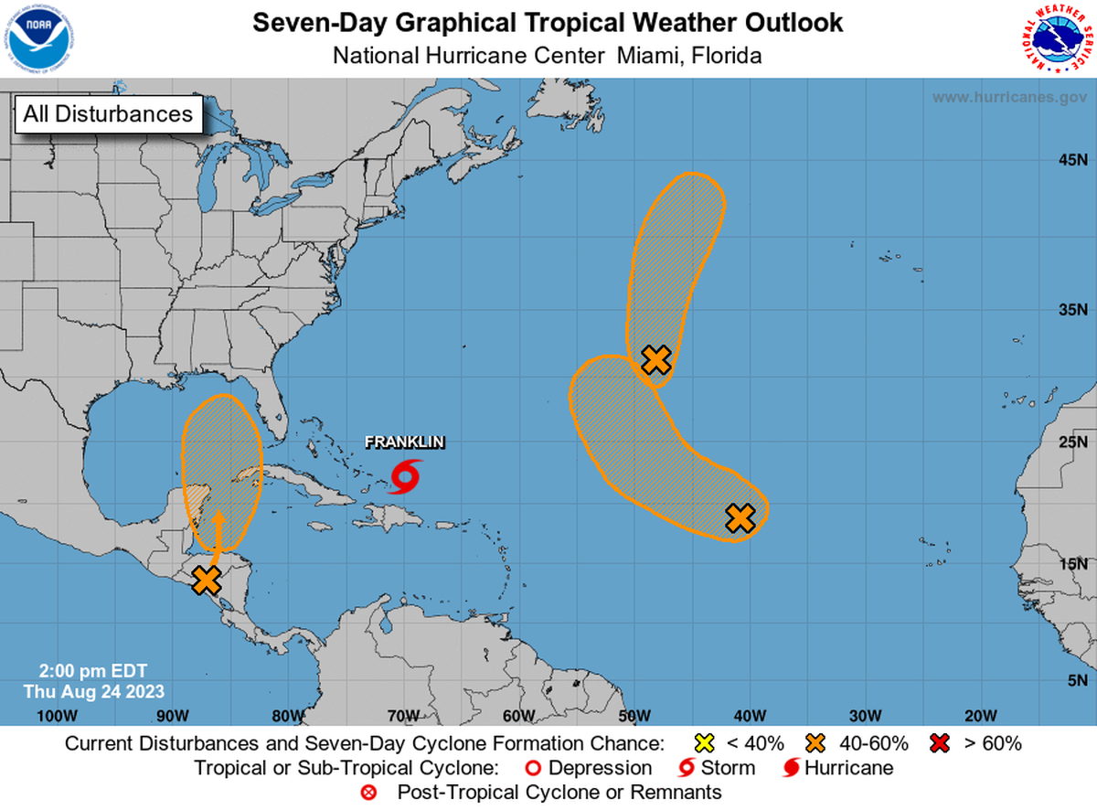 National Hurricane Center seven-day forecast as of 2 p.m. Thursday