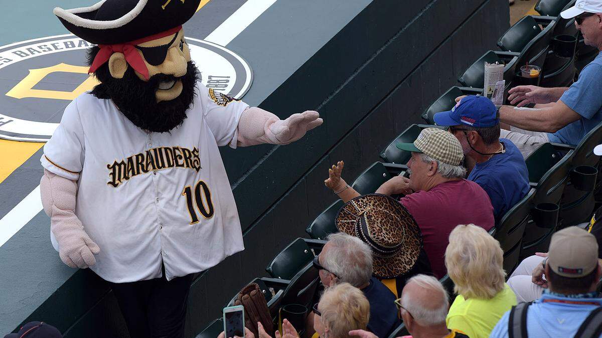 Marty the Marauder greets fans at the first spring training game at McKechnie Field between the Pittsburgh Pirates and the Detroit Tigers Wednesday afternoon. 
 TIFFANY TOMPKINS/Bradenton Herald