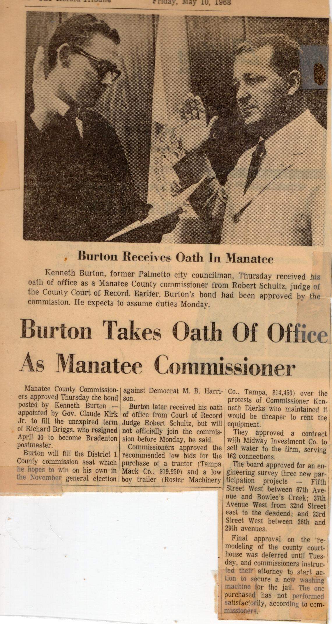 Ken Burton Sr. takes the oath of office as Manatee County Commissioner in 1968.