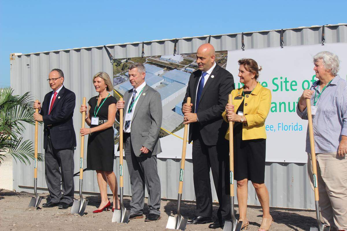 Air Products is planning to increase its manufacturing capacity at Port Manatee by 50 percent. Shown above at the groundbreaking are, from left, Jim Solomon, Sharon Hillstrom, Mark Evans, Samir Serhan, Vanessa Baugh and Priscilla Whisenant Trace.